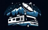 An RV with a satellite dish on top with mountains in the background