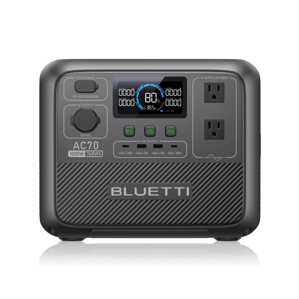 Bluetti AC70 1000W portable power station used to power a rented Starlink dish off-grid