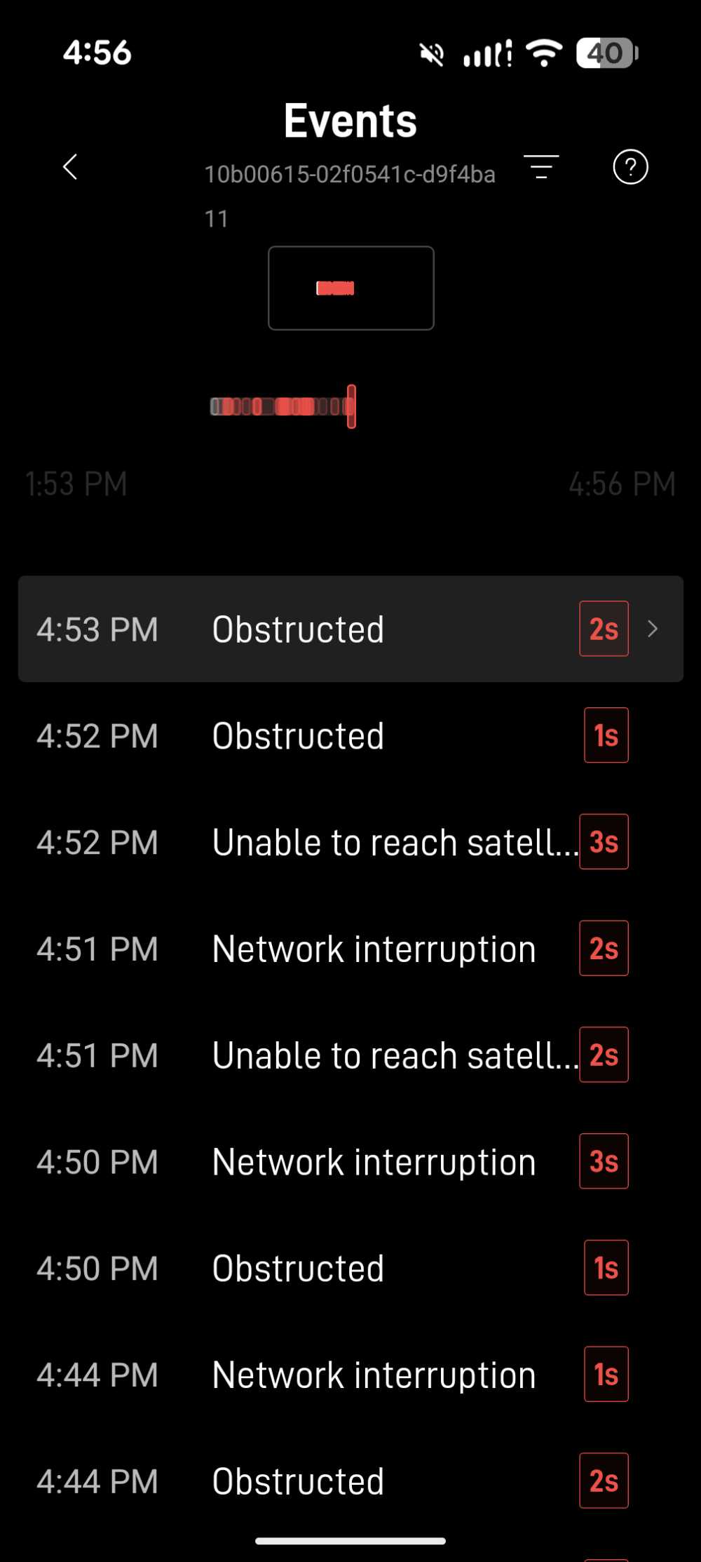 Starlink app events list showing short 1-3 second interruptions