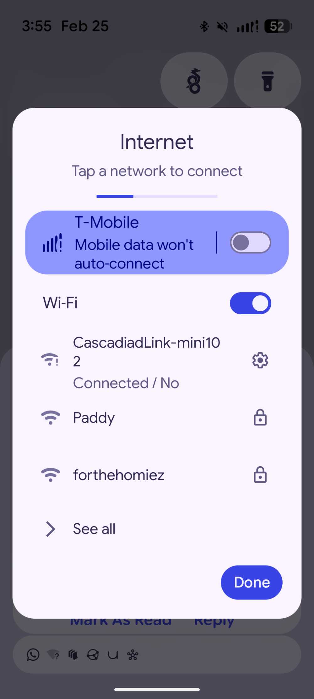 Phone settings showing mobile data off and connected to Starlink WiFi