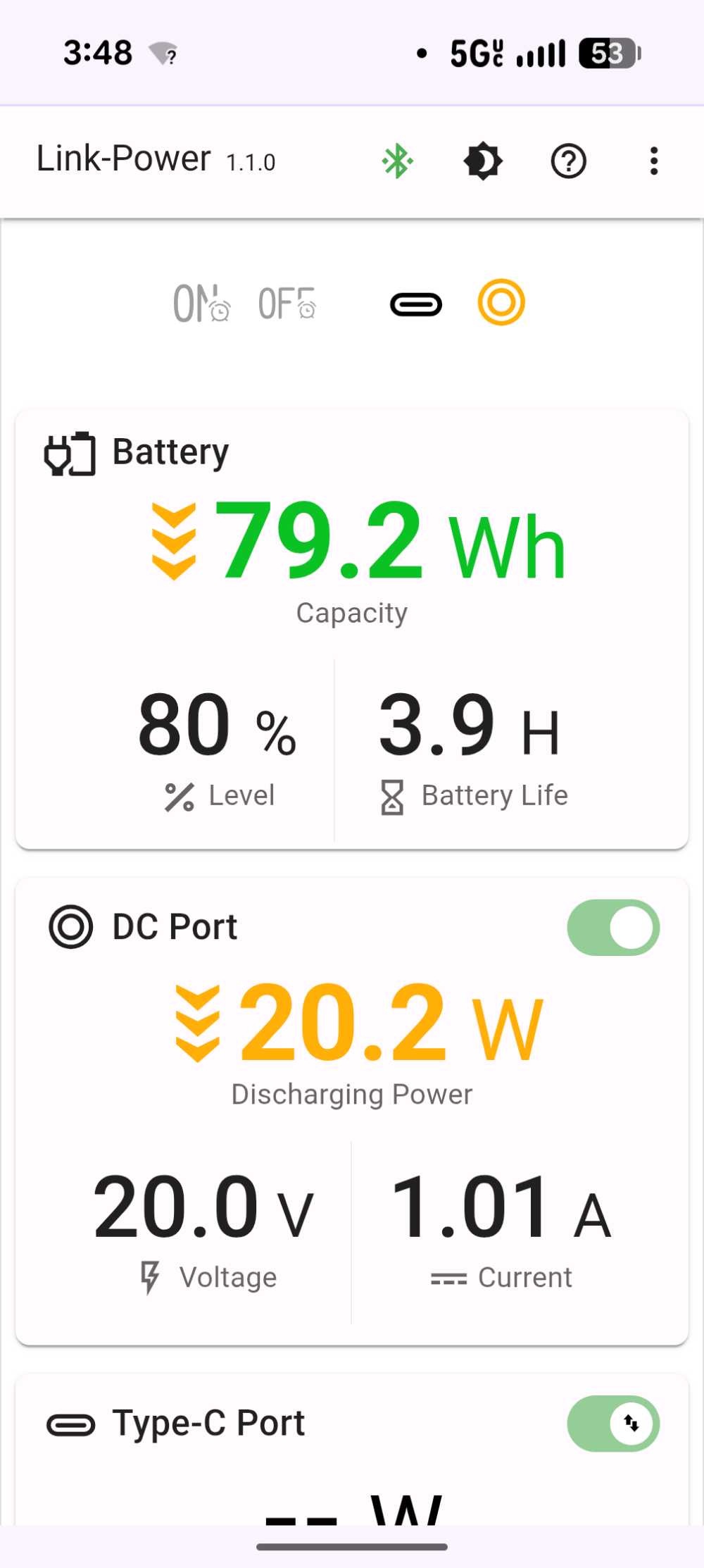 Peakdo app showing 80% battery and 20W power draw