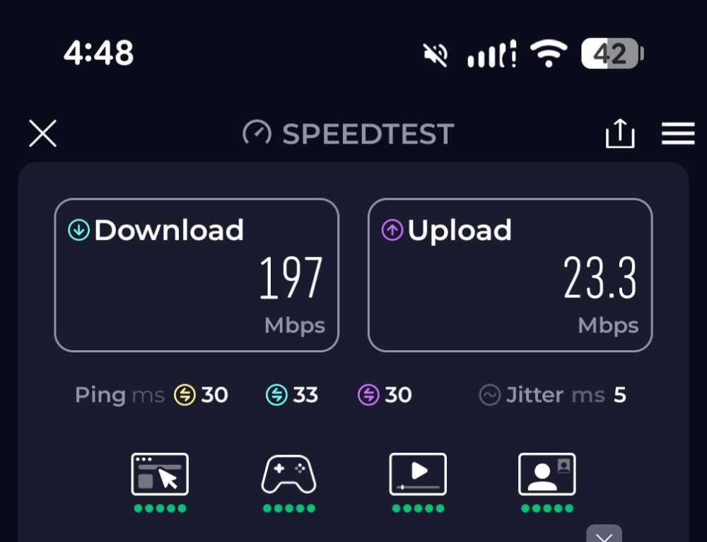 Speed test showing 197 Mbps download and 23.3 Mbps upload