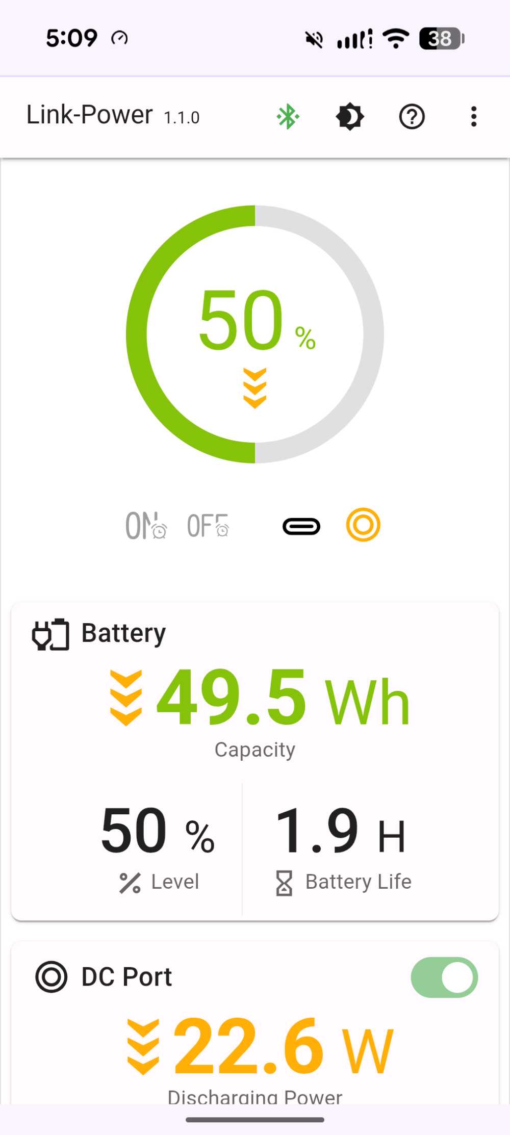 PeakDo battery status screenshot near the end of a runtime test