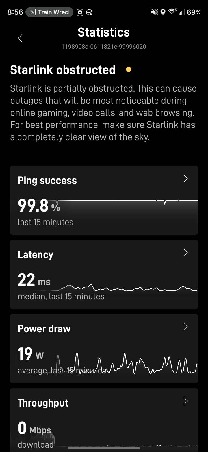 Starlink app Statistics screen showing 99.8 percent ping success, 22 ms median latency and 19 W average power draw