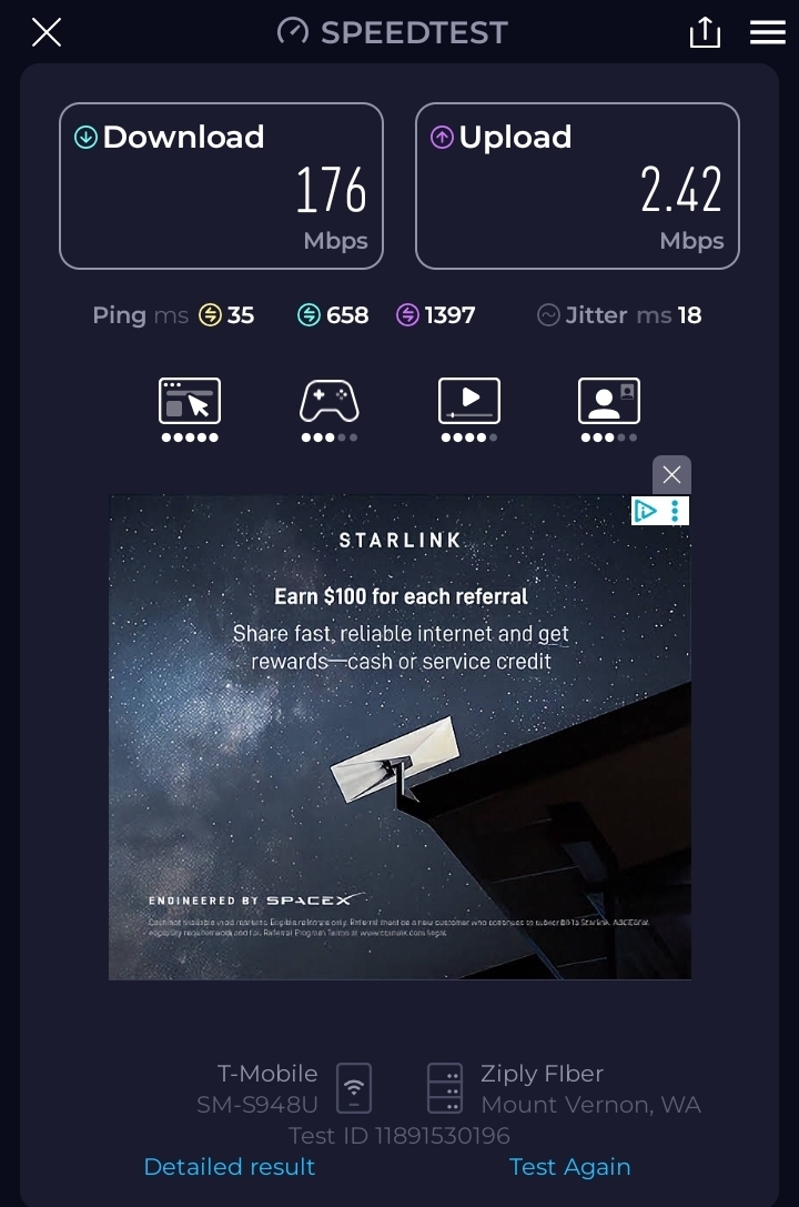 Speedtest app on T-Mobile showing 176 Mbps download, 2.42 Mbps upload, 18 ms jitter